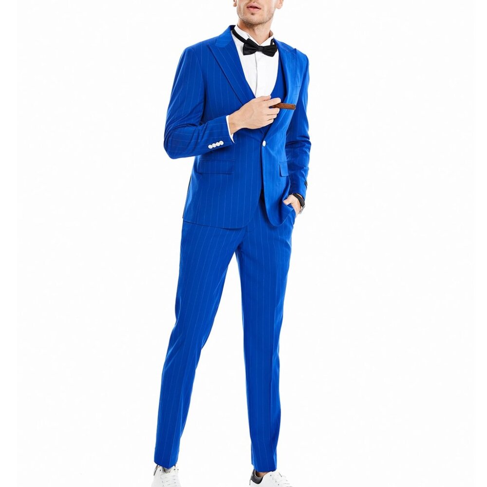 Royal Pinstriped 3 Piece Peak Lapel Skinny Fit Tazzio Men's Suit